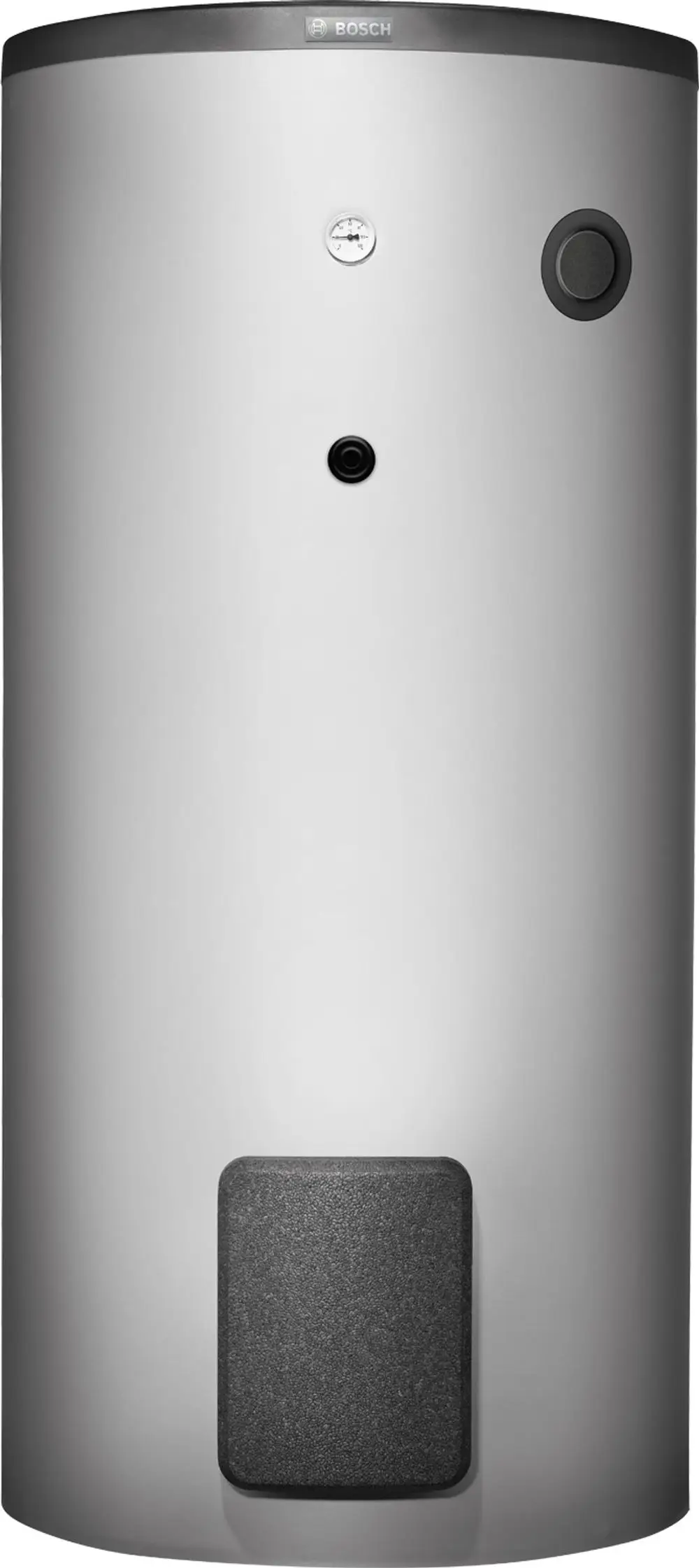 Bosch Wärmepumpenspeicher in vertikaler, zylindrischer Form mit einem schwarzen Bedienfeld und Manometer an der Vorderseite.